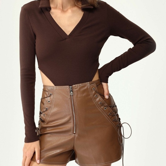 Cider Brown Long Sleeve Collared Bodysuit with High Thigh Cutout Detail - Picture 6 of 10